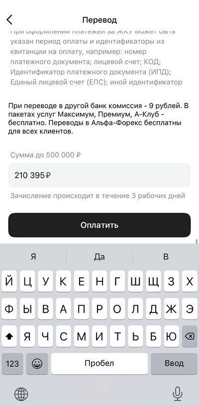 Вводим сумму из счета на оплату